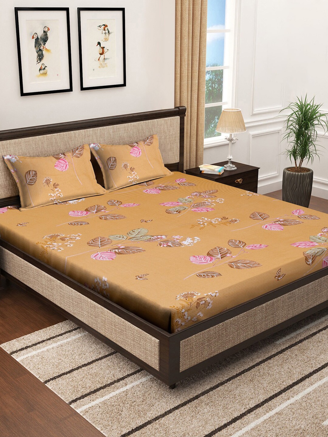 

KLOTTHE Beige Floral Printed Pure Cotton 400 TC King Bedsheet With 2 Pillow Covers