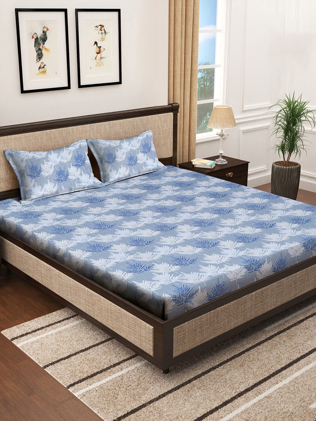 

KLOTTHE Blue & White Floral Cotton 400 TC King Fitted Bedsheet With 2 Pillow Covers