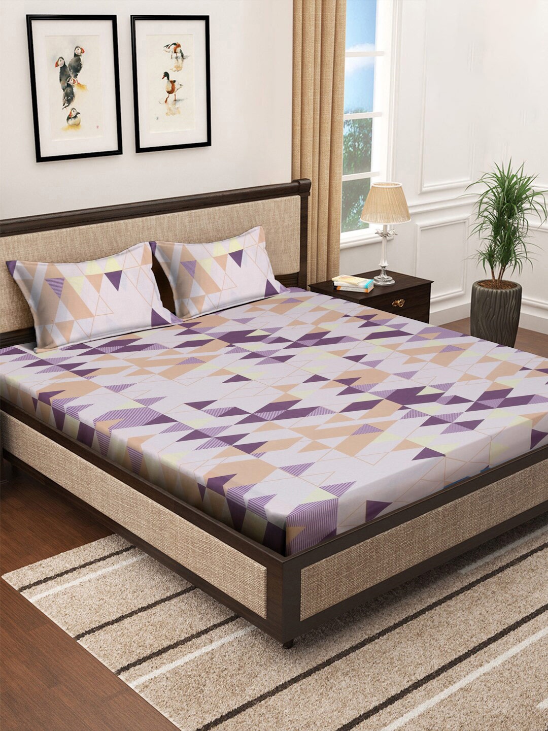 

KLOTTHE Grey & Purple Geometric Cotton 400 TC King Fitted Bedsheet With 2 Pillow Covers