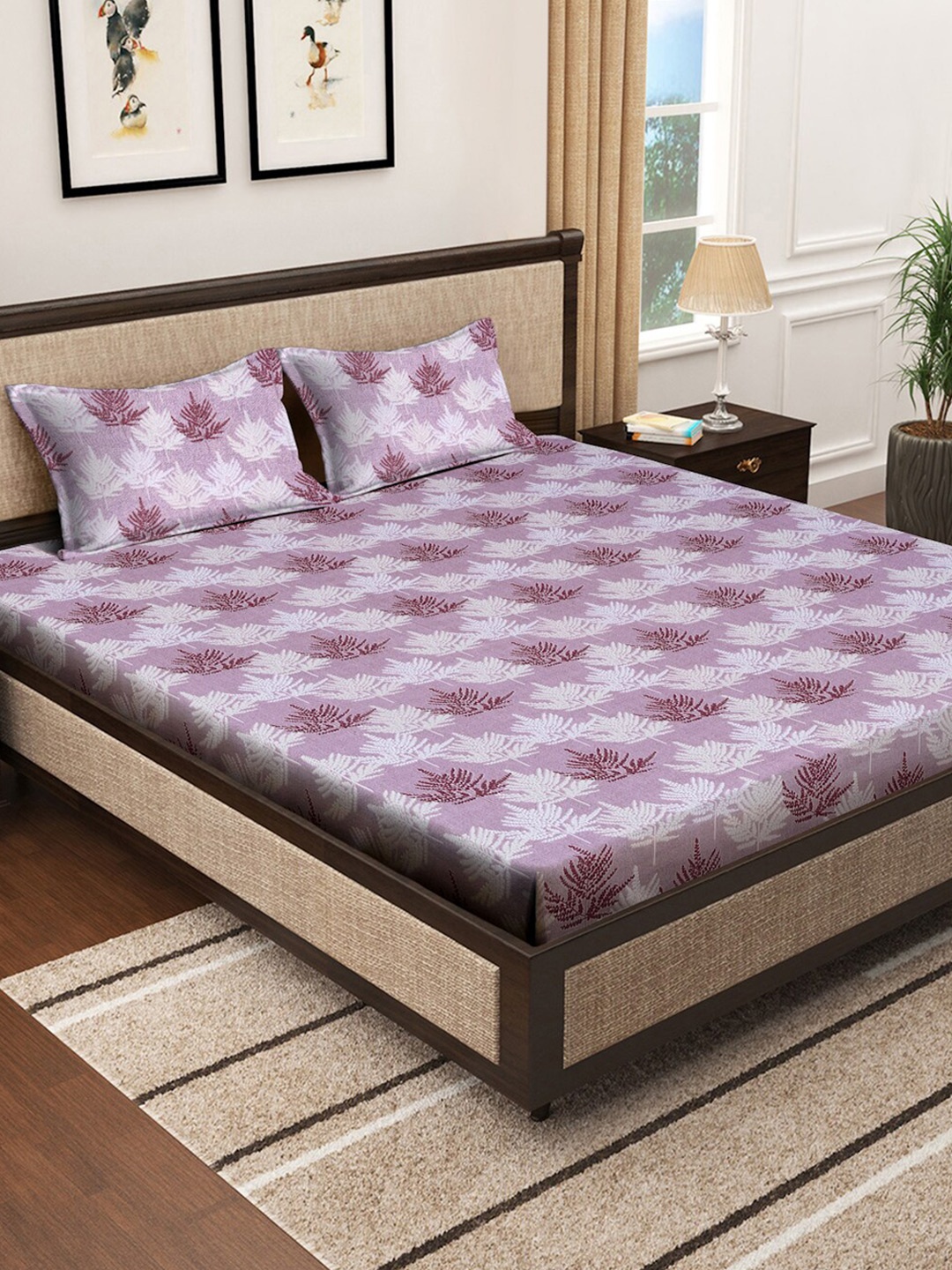 

KLOTTHE Purple Floral Printed Pure Cotton 400 TC King Bedsheet With 2 Pillow Covers