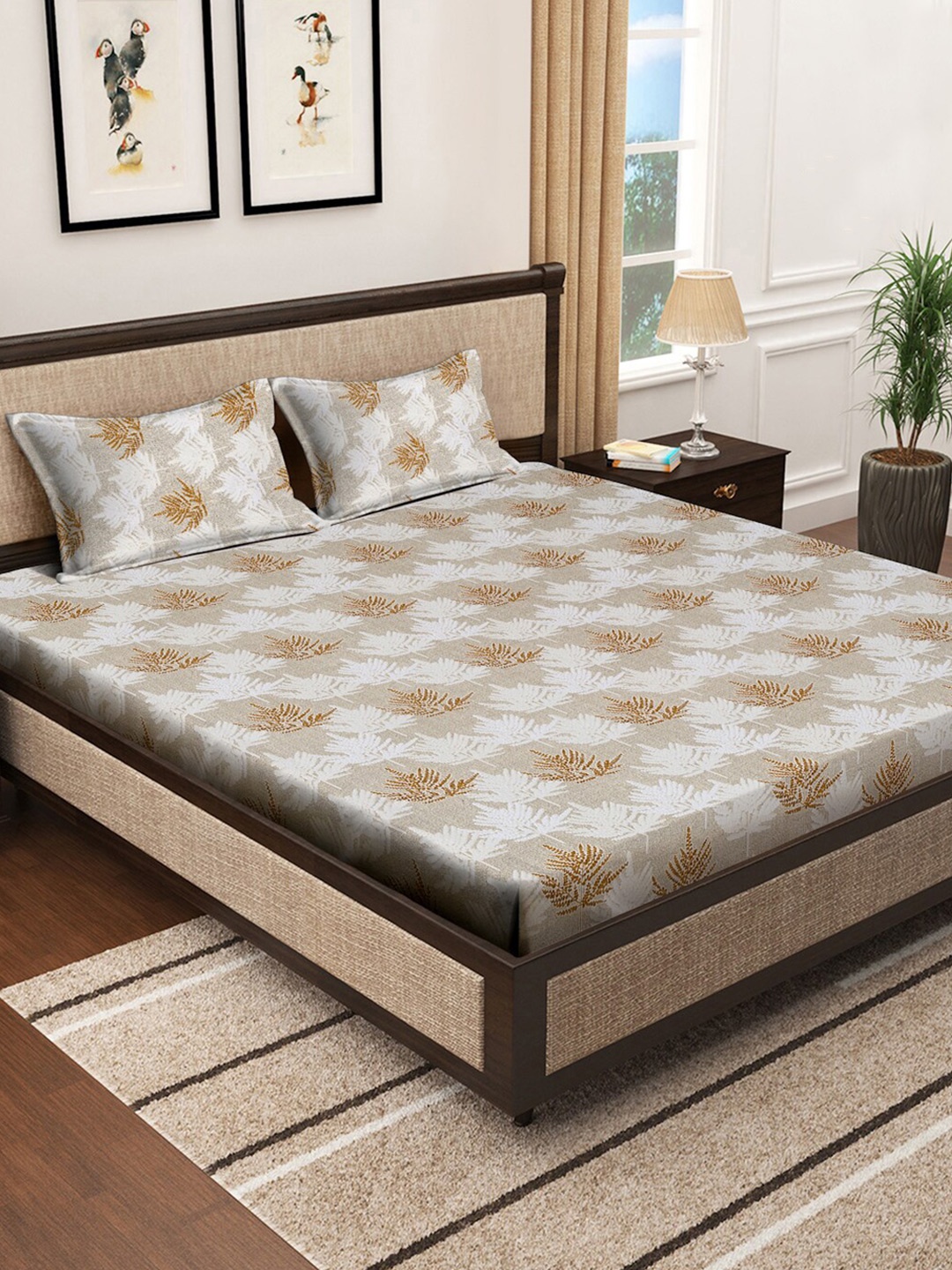 

KLOTTHE White & Brown Floral Cotton 400 TC King Fitted Bedsheet With 2 Pillow Covers