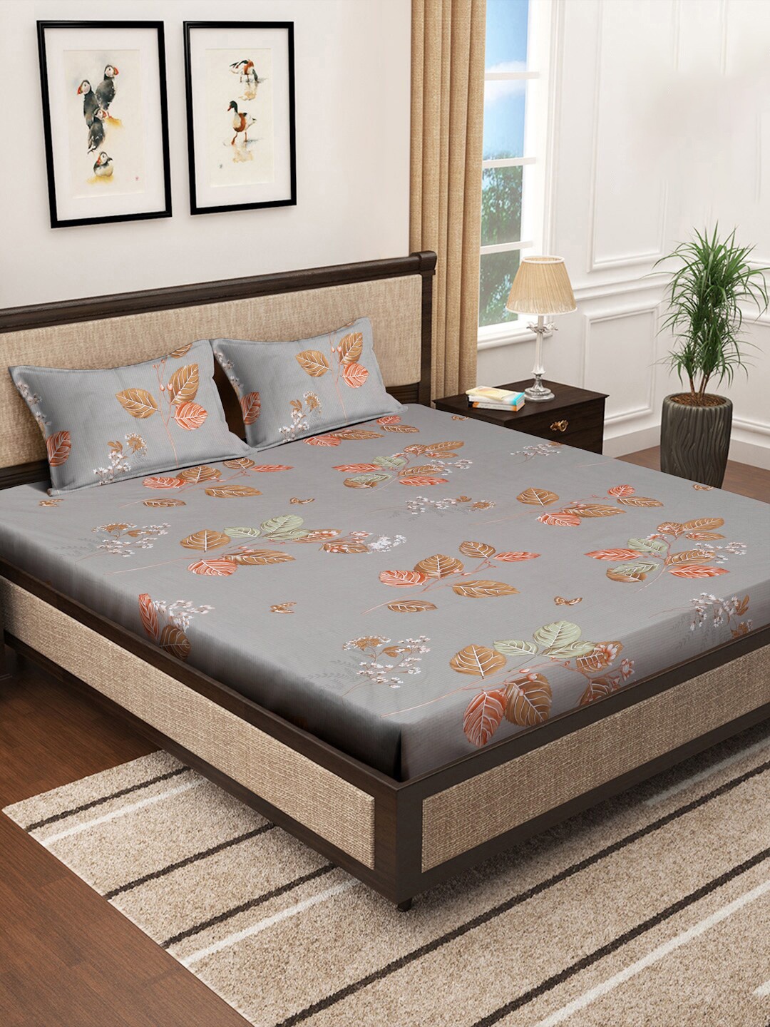 KLOTTHE Grey Printed 400 TC Pure Cotton Double King Fitted Bedsheet with 2 Pillow Cover