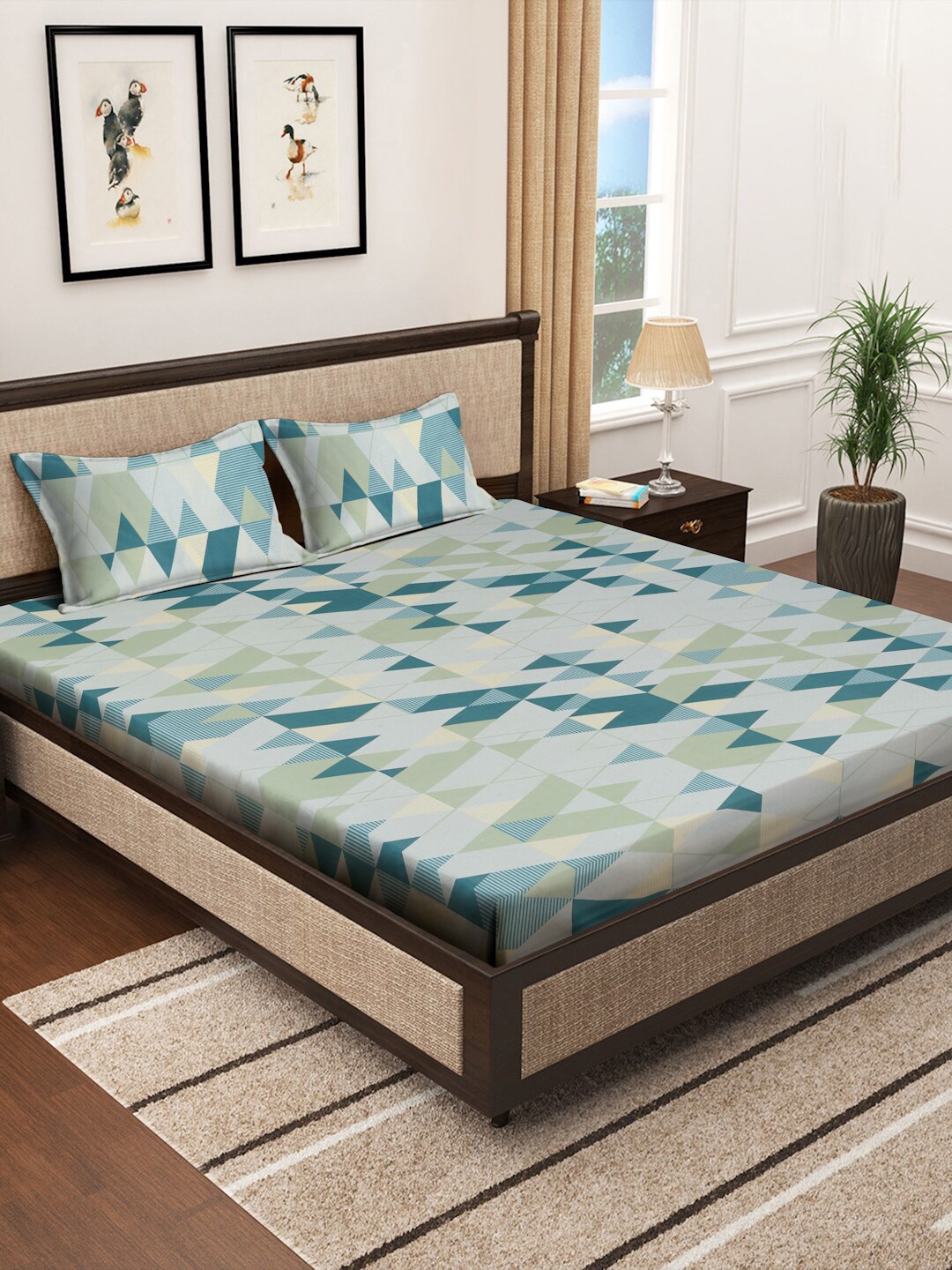 

KLOTTHE Green & White 400 TC Pure Cotton Fitted Double Bedsheet with 2 Pillow Cover