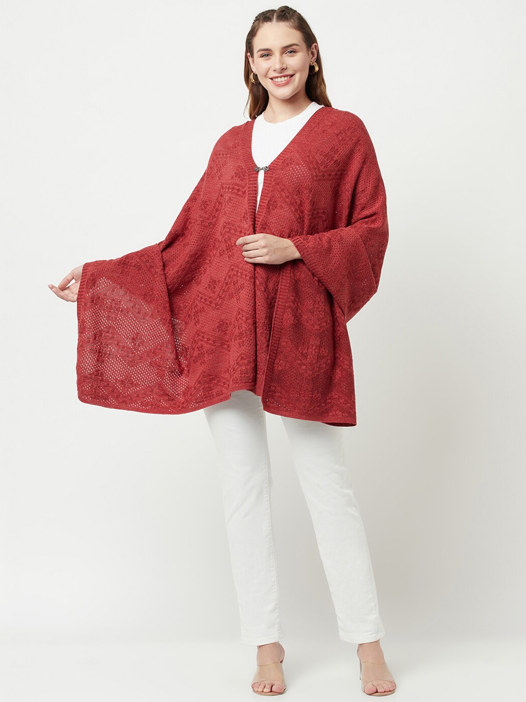 

Knitstudio Ethnic Motifs Woven Design Zari Shawl, Red