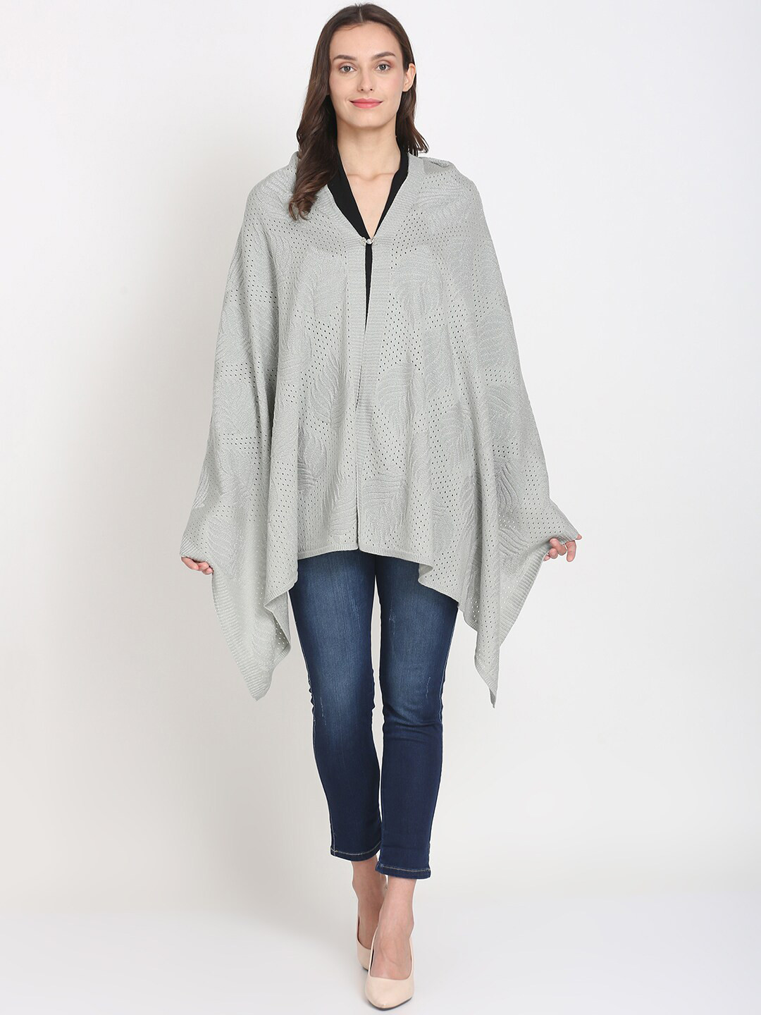 

Knitstudio Women Floral Self Design Knitted Shawl, Grey