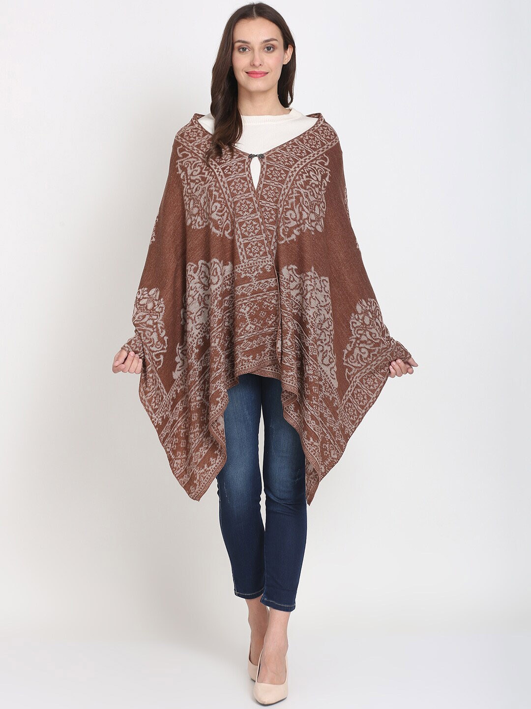 

Knitstudio Ethnic Motifs Woven Design Wool Shawl, Brown