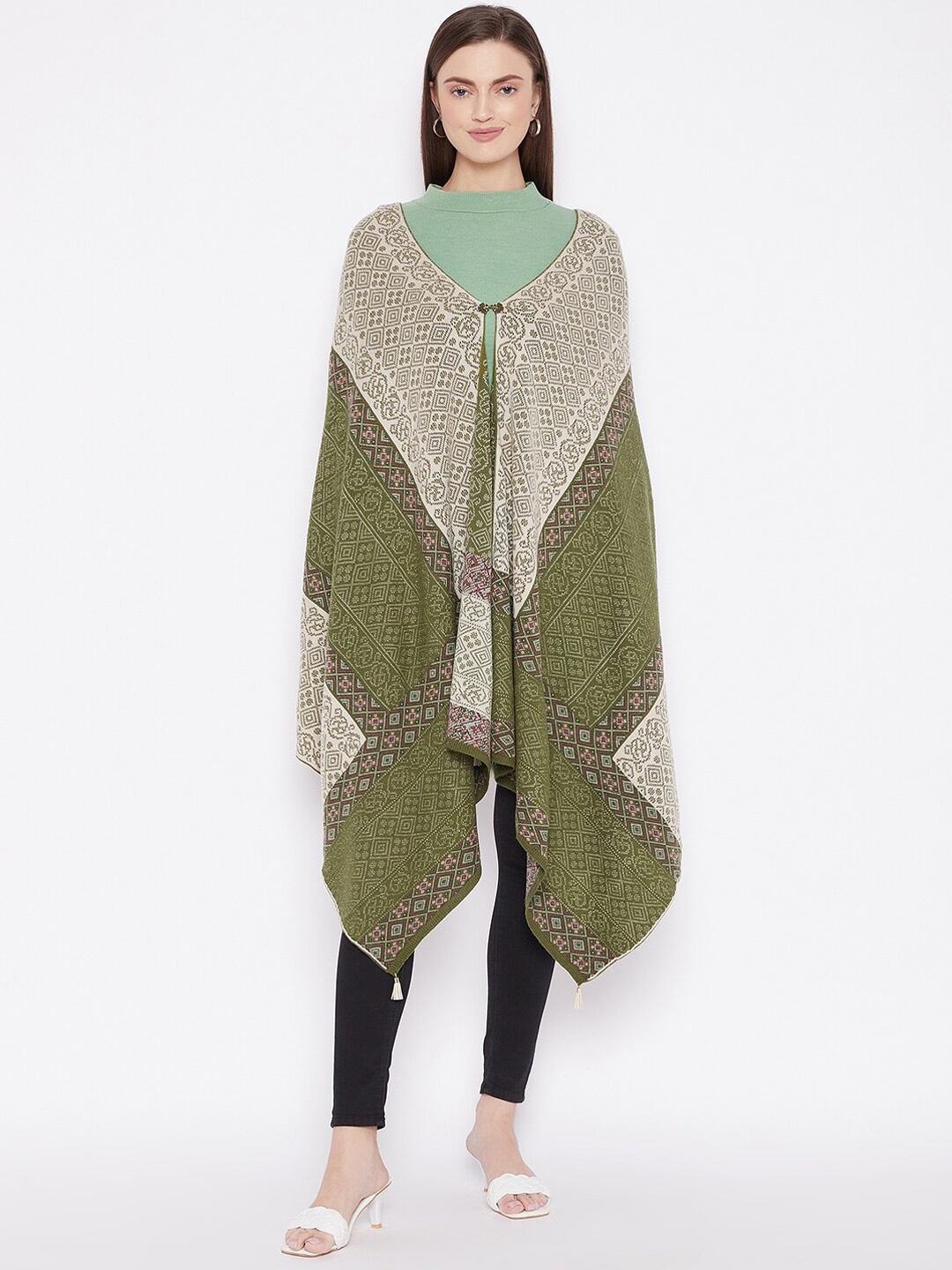 

Knitstudio Ethnic Motifs Woven Design Wool Shawl, Green