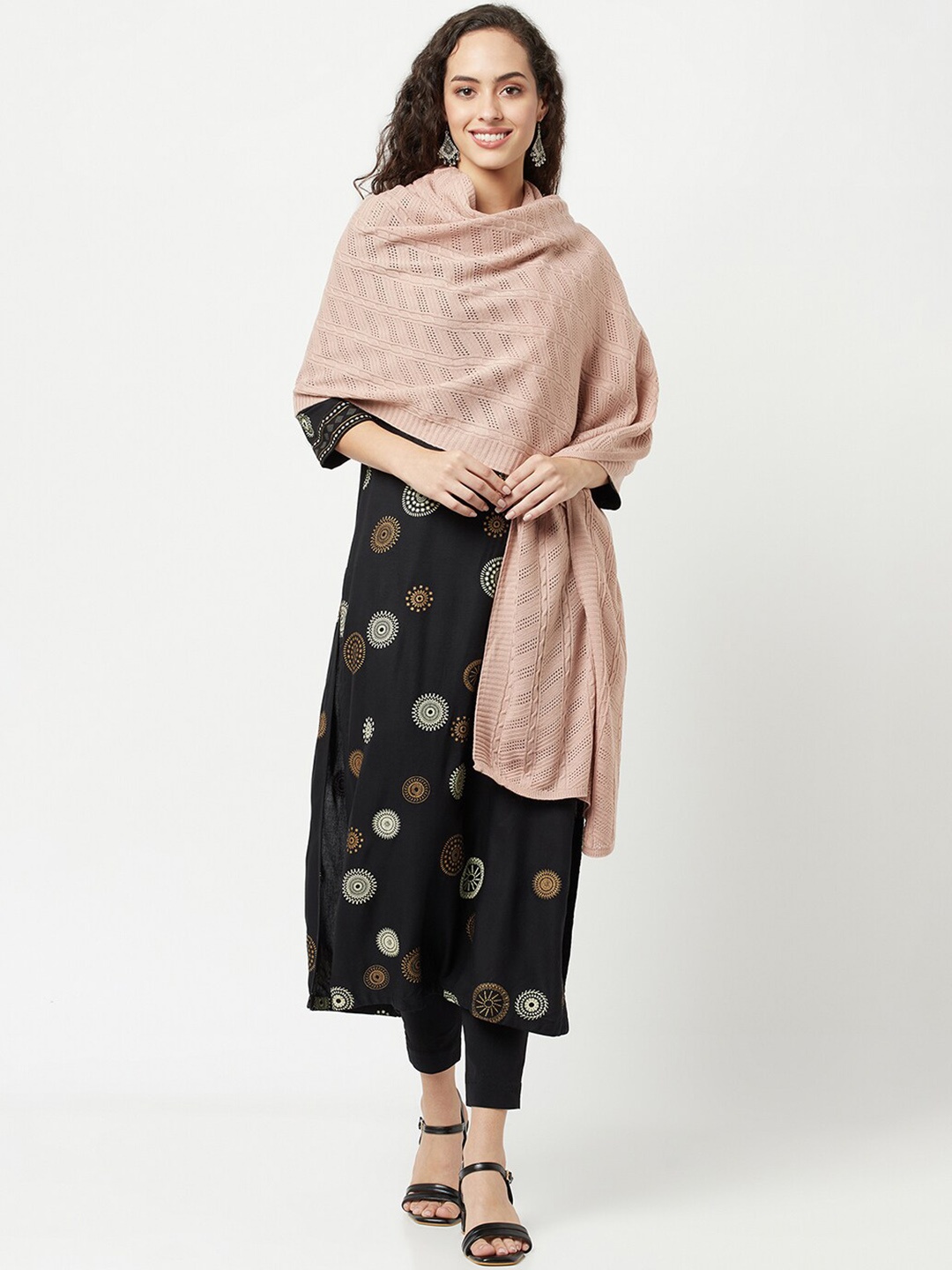 

Knitstudio Geometric Woven Design Woollen Acrylic Shawl, Beige