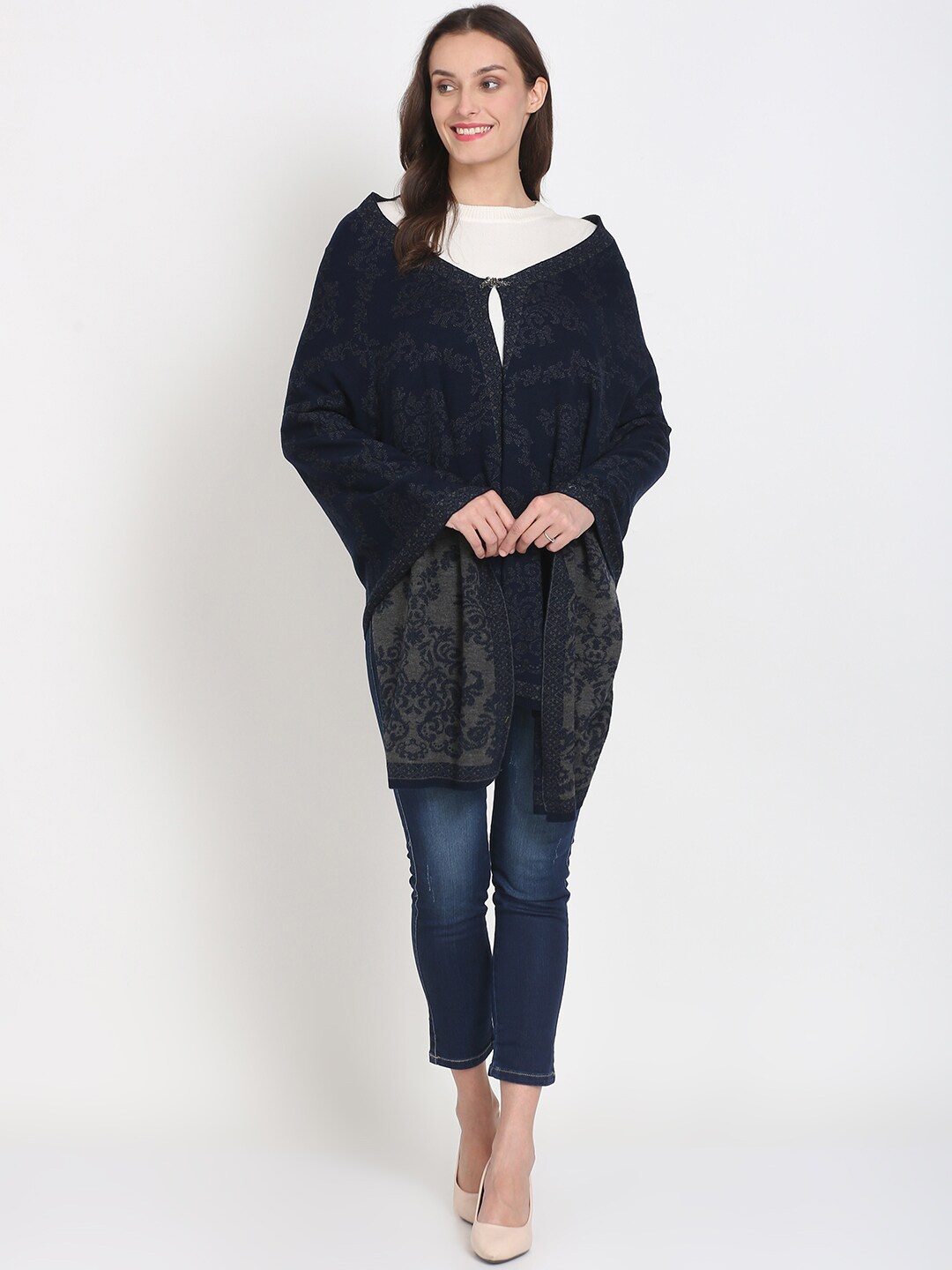 

Knitstudio Ethnic Motifs Woven Design Woollen Acrylic Knitted Shawl, Navy blue