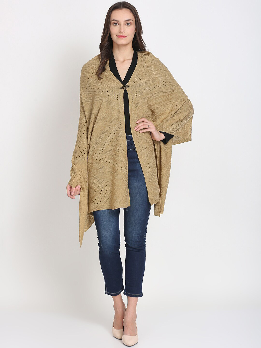

Knitstudio Ethnic Motifs Woven Design Knitted Shawl, Beige