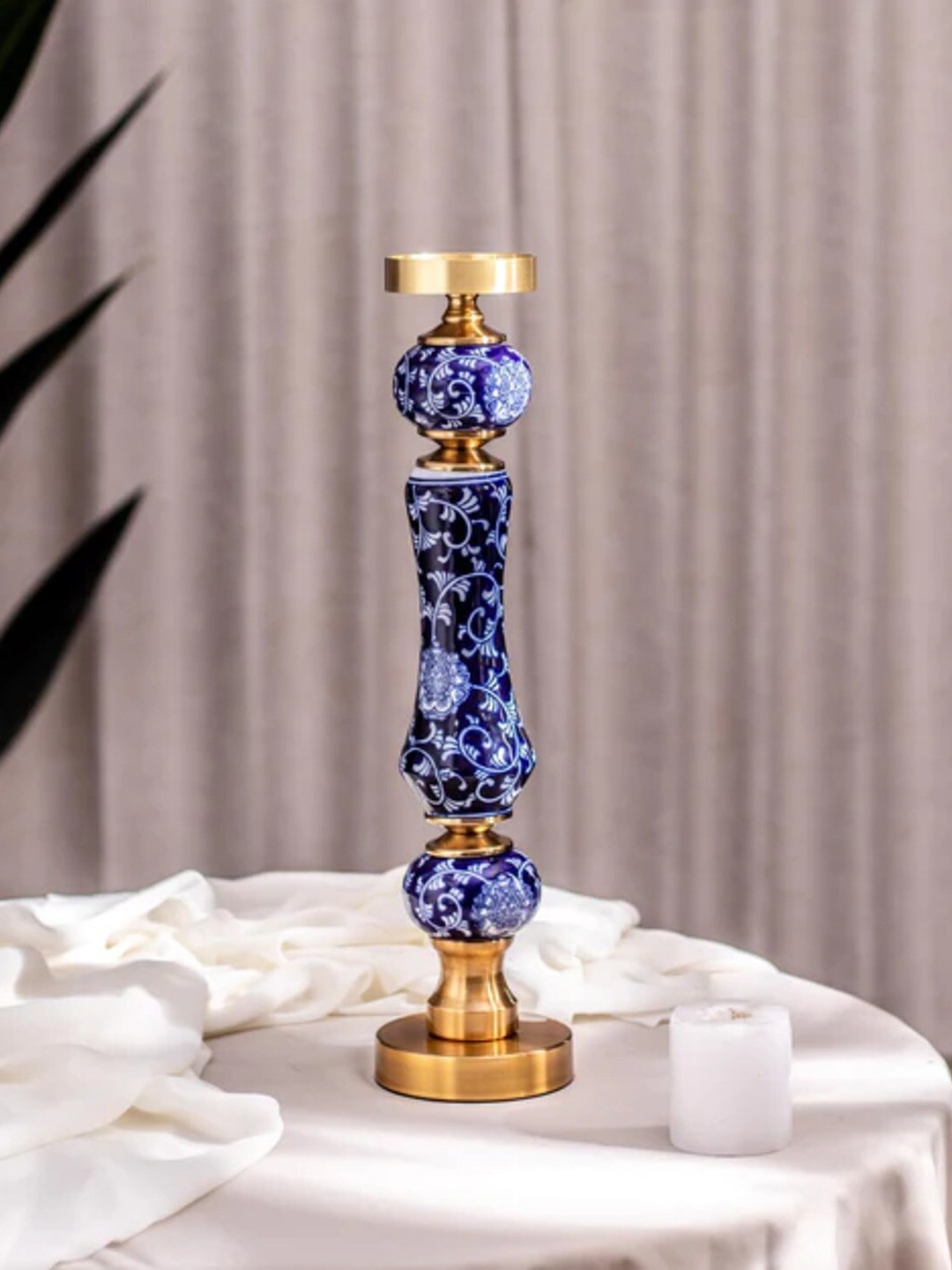 

THEDECORKART Blue & Gold Toned Printed Pillar Candle Holders