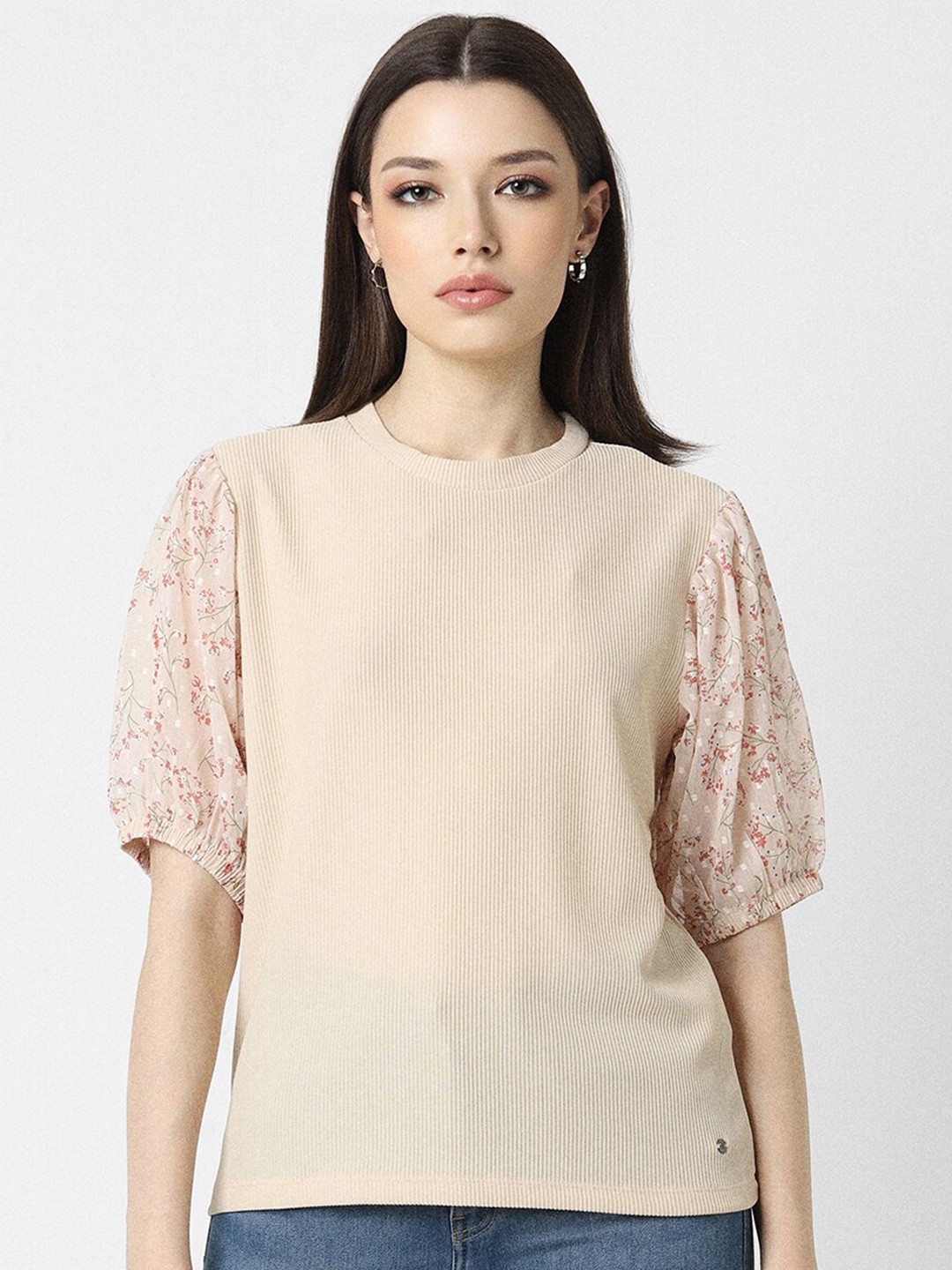

Van Heusen Woman Self Design Puff Sleeves Top, Beige