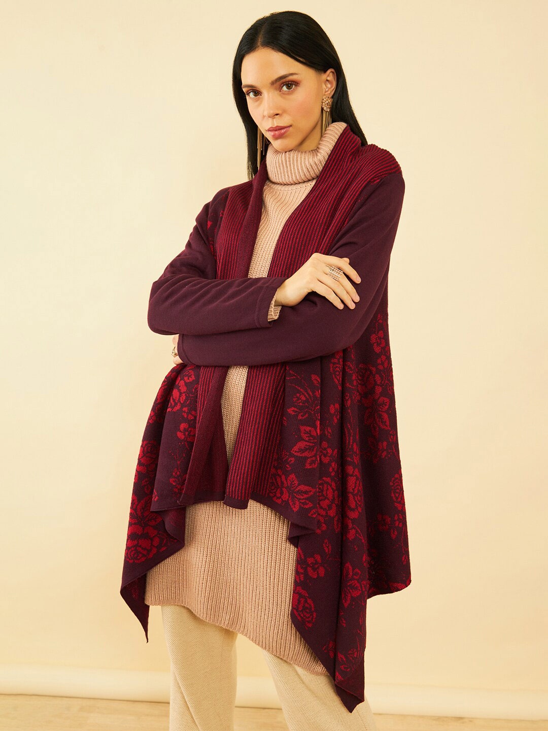 

Soch Floral Printed Acrylic Open-Front Shrug, Purple