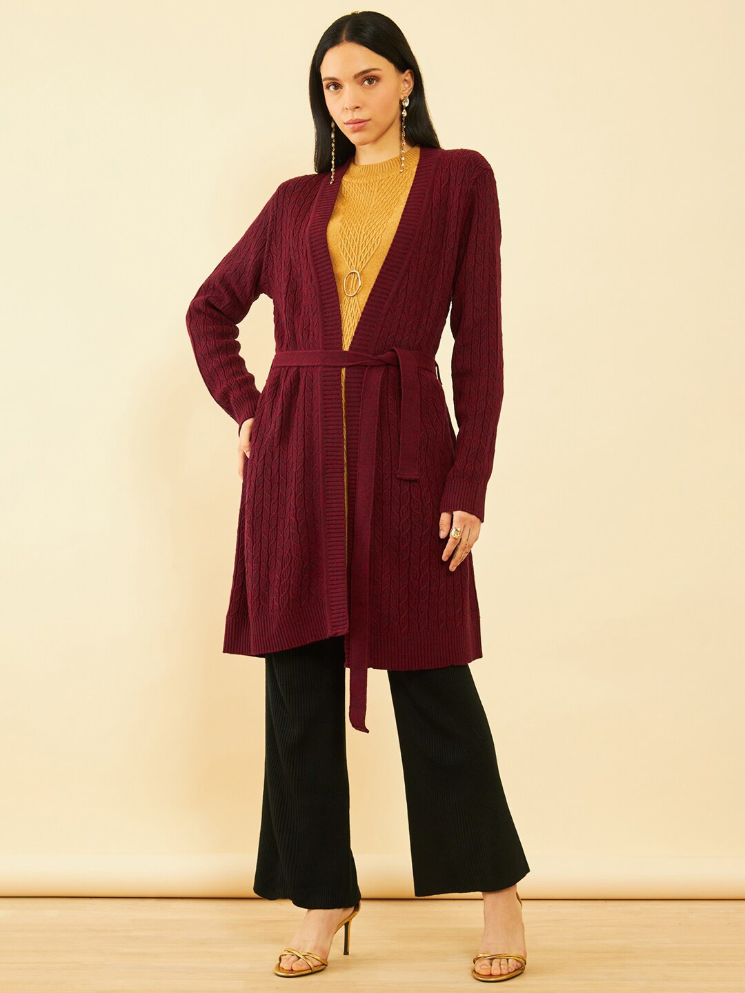 

Soch Cable-Knit Self Design Ribbed Tie-Ups Detail Acrylic Longline Shrug, Maroon