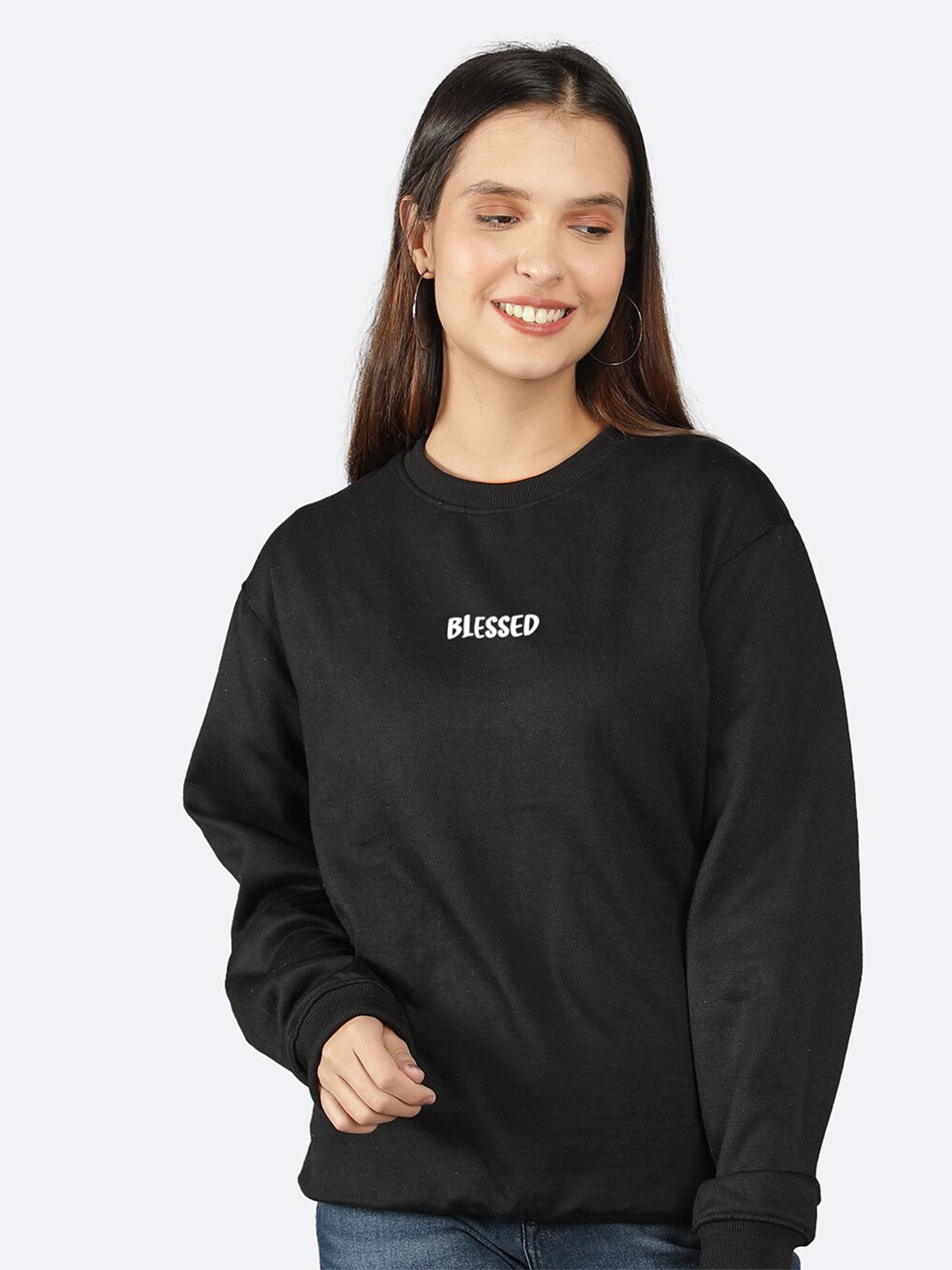 

Mad Over Print Typography Printed Fleece Ribbed Sweatshirt, Black