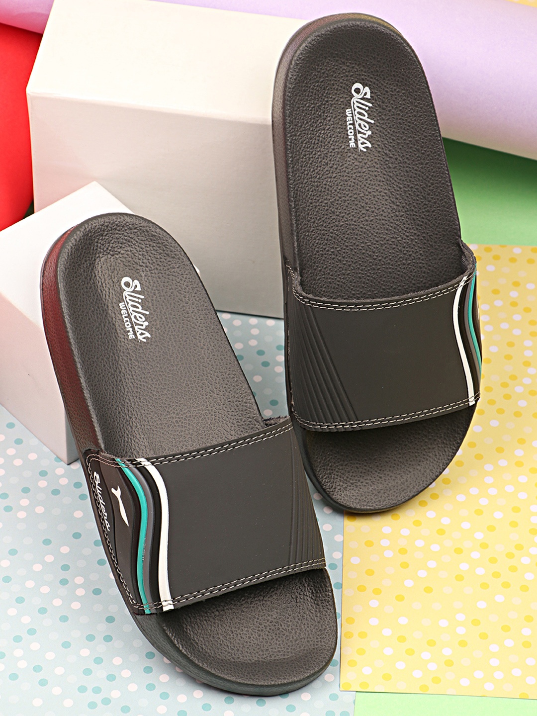 

WELCOME Kids Printed Slip-On Sliders, Grey