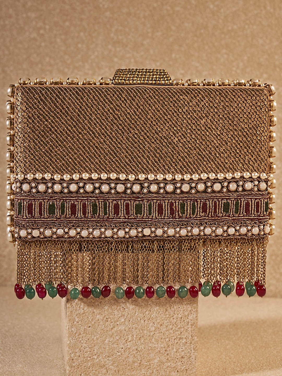 

Tarun Tahiliani Embellished Fabric Box Clutch, Gold