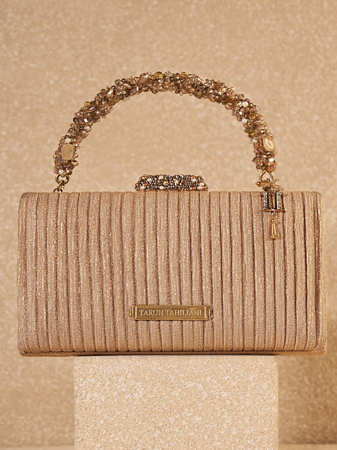 

Tarun Tahiliani Embellished Purse With Wrist Loop, Gold