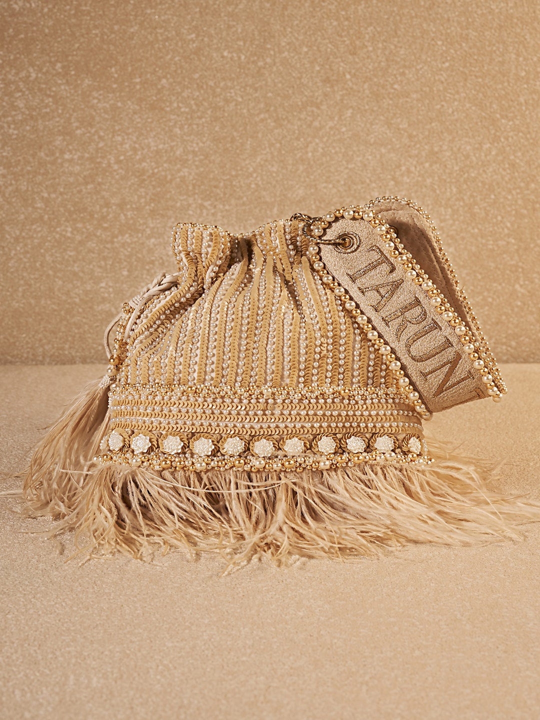 

Tarun Tahiliani Embellished Potli Clutches, Beige