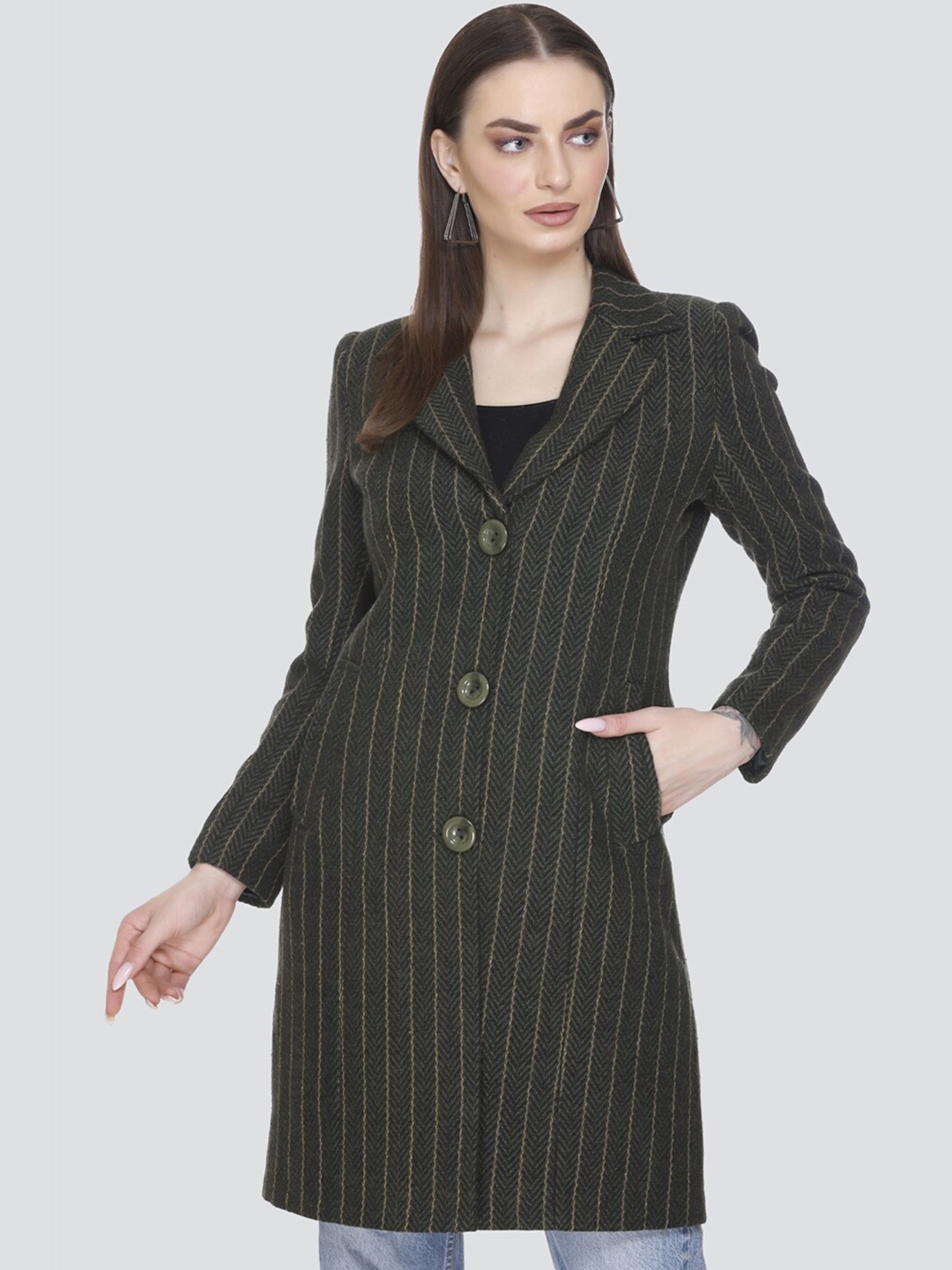 

Winter Wonders Striped Notched Lapel Collar Single Breasted Over Coat, Green