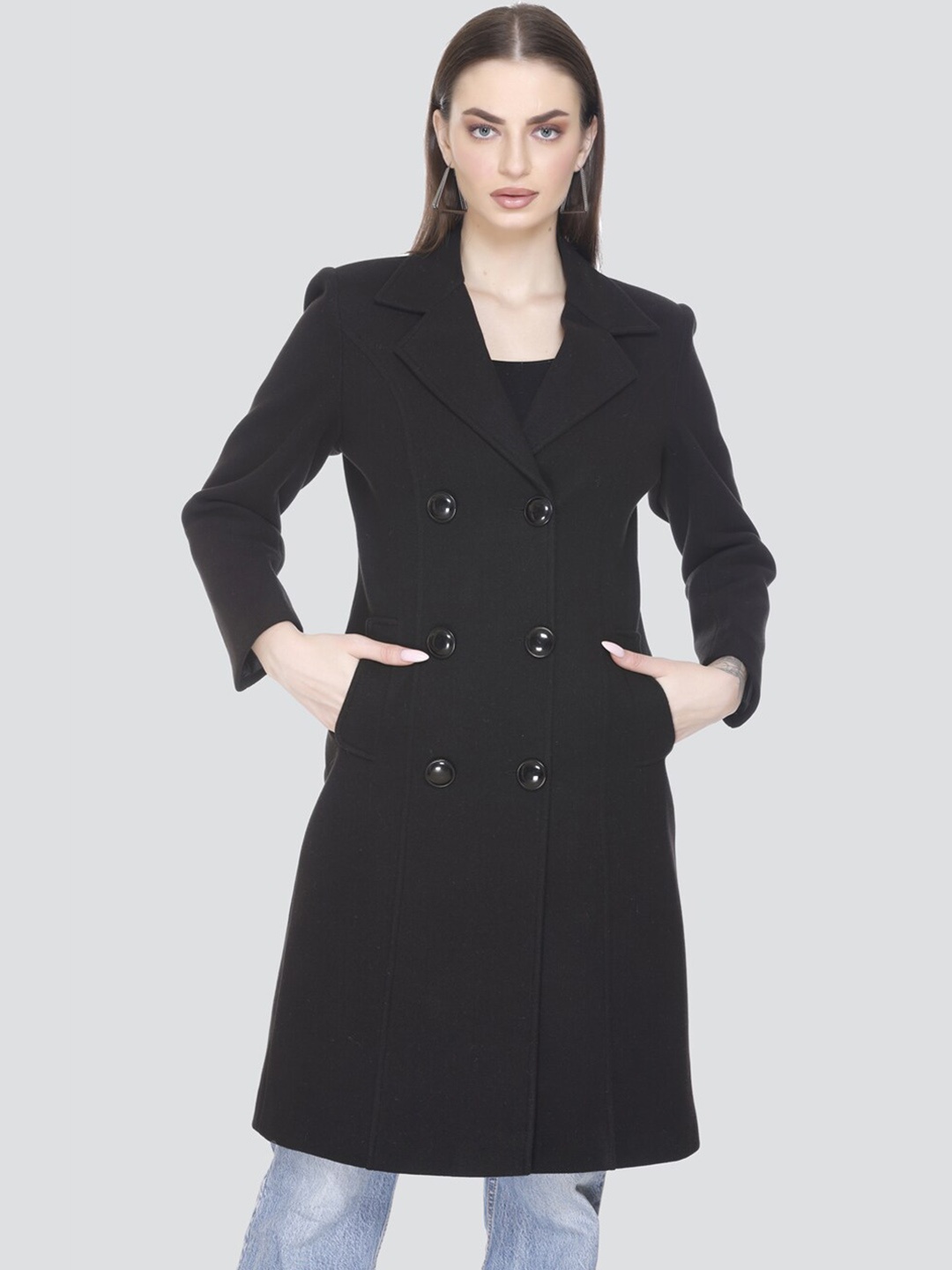 

Winter Wonders Notched Lapel Collar Single Breasted Over Coat, Black