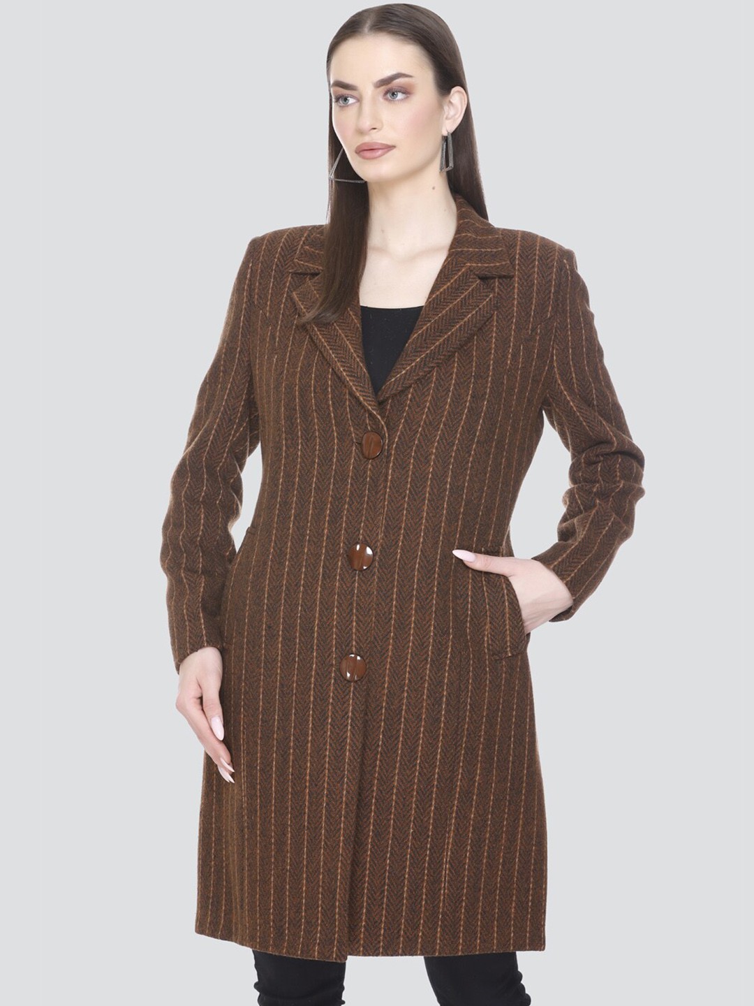 

Winter Wonders Striped Notched Lapel Collar Single Breasted Overcoat, Brown