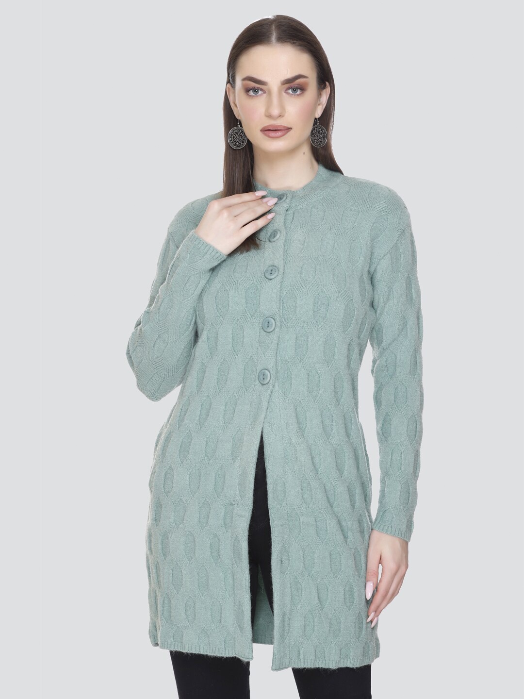 

Winter Wonders Cable Knit Self Design Wool Longline Cardigan, Sea green