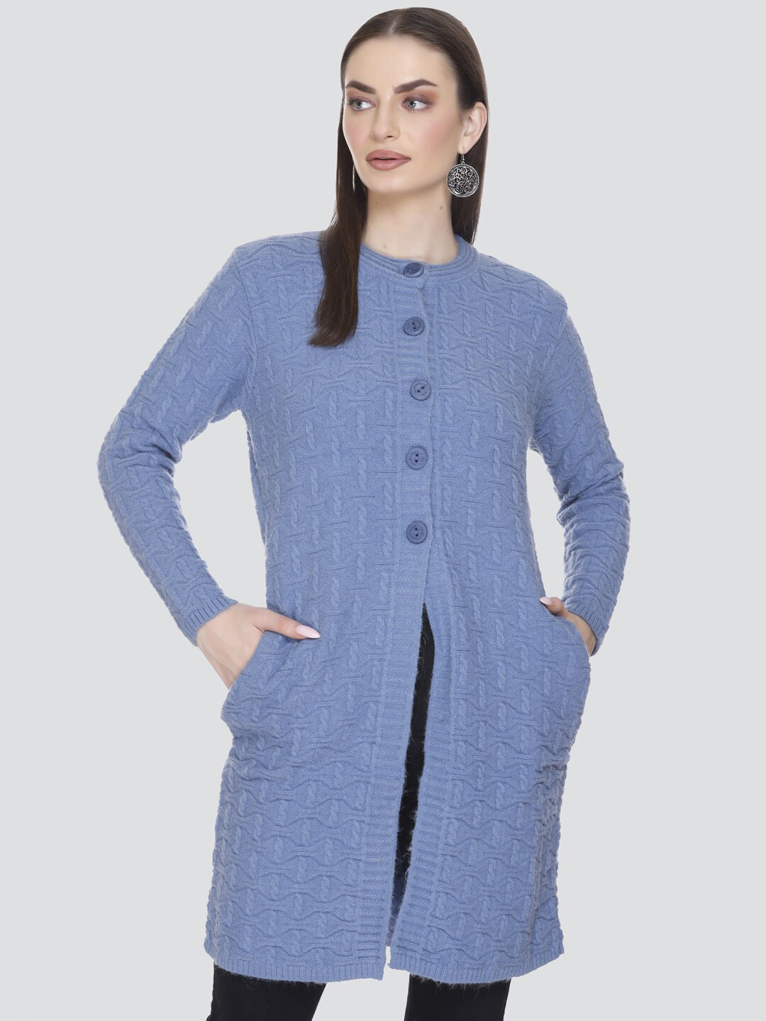 

Winter Wonders Cable Knit Self Design Wool Longline Cardigan, Blue