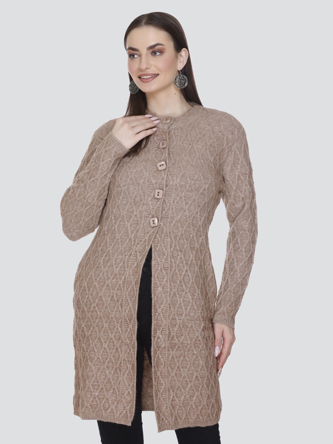 

Winter Wonders Cable Knit Round Neck Long Sleeves Woollen Longline Cardigan Sweater, Camel brown
