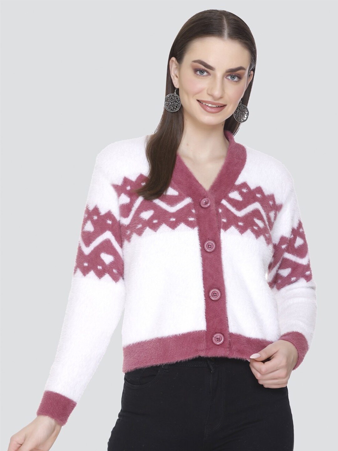 

Winter Wonders Geometric Self Design V-Neck Long Sleeves Woollen Crop Cardigan Sweater, Pink