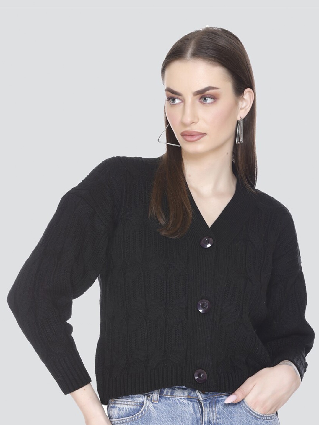 

Winter Wonders Cable Knit V-Neck Long Sleeves Woollen Crop Cardigan Sweater, Black