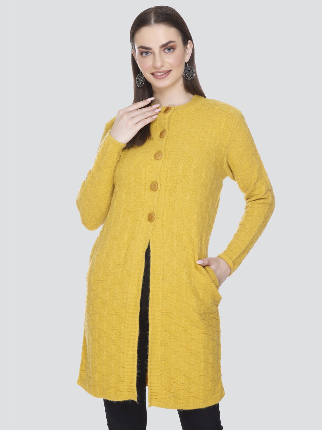 

Winter Wonders Cable Knit Self Design Woollen Longline Cardigan, Mustard