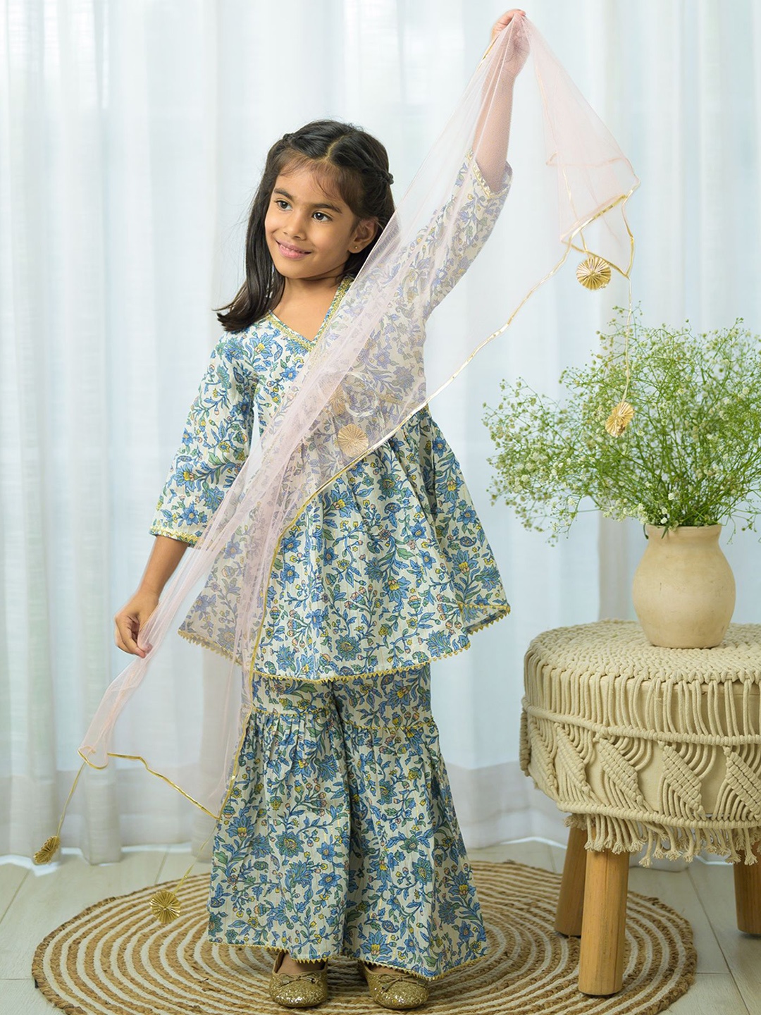 

Fairies Forever Girls Floral Printed Thread Work Pure Cotton Kurta with Sharara & Dupatta, Blue