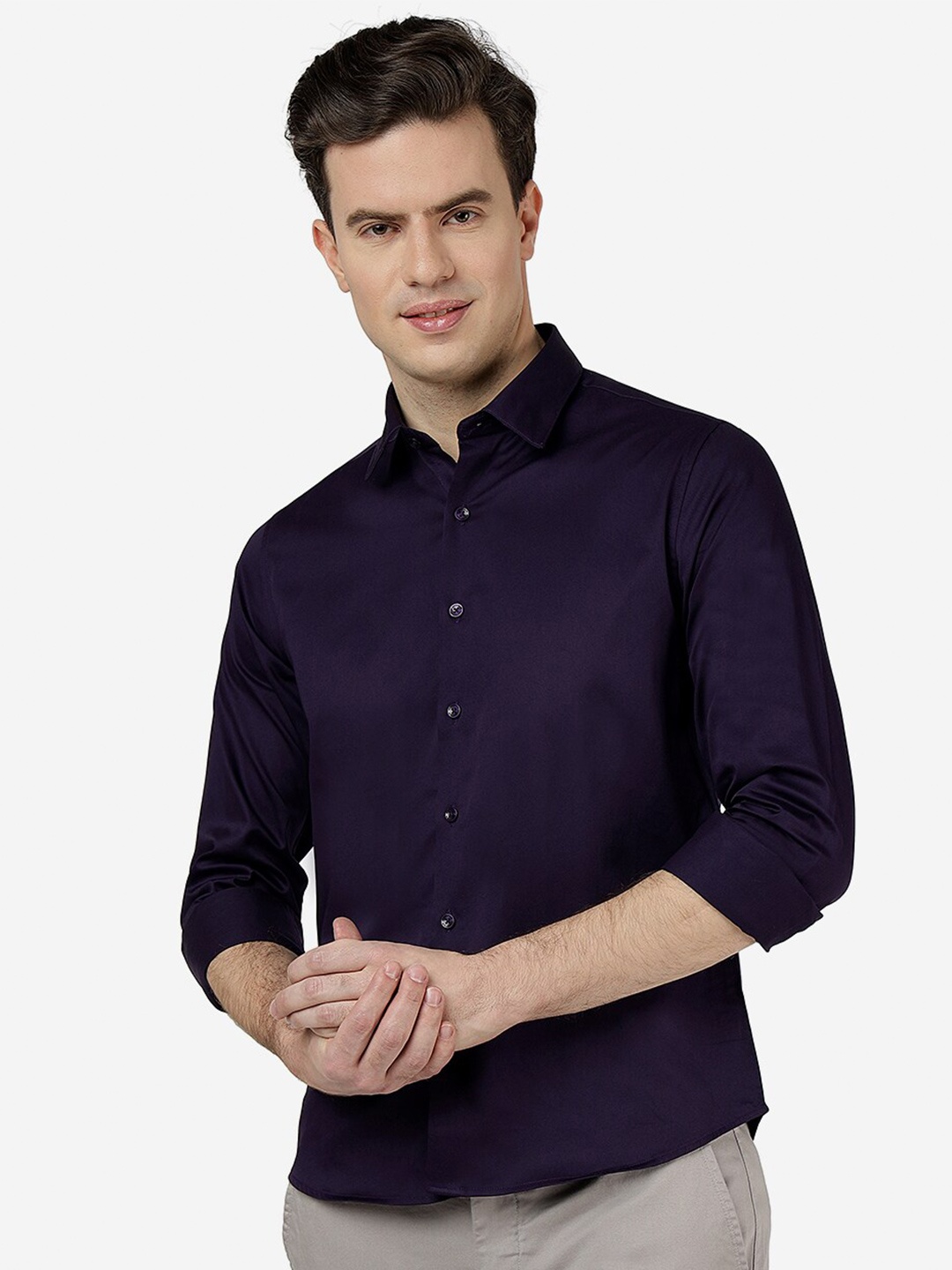 

Greenfibre Slim Fit Cutaway Collar Long Sleeves Pure Cotton Casual Shirt, Purple
