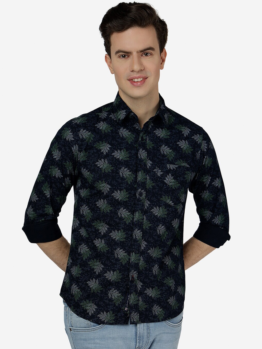 

Greenfibre Slim Fit Tropical Printed Pure Cotton Shirt, Navy blue