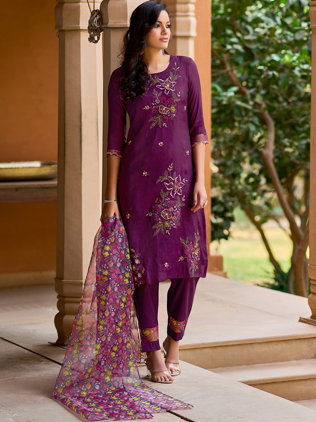 

Indo Era Burgundy Floral Embroidered Thread Work Kurta & Trousers With Dupatta