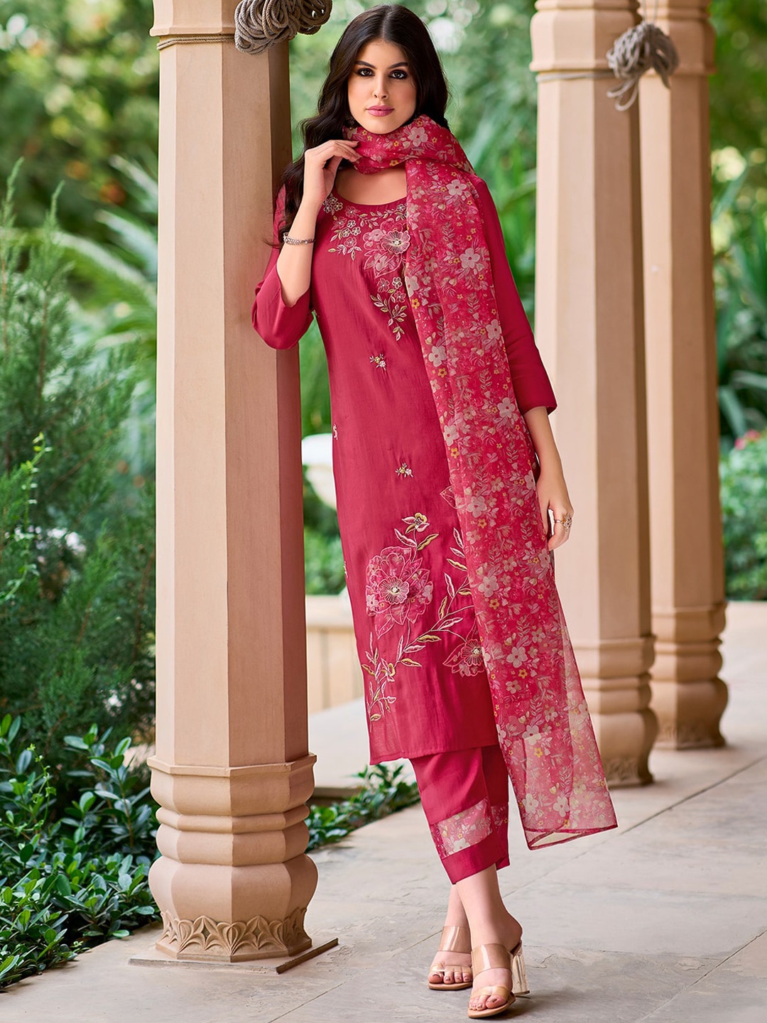 Indo Era Floral Embroidered Straight Kurta with Trousers & Dupatta, Red