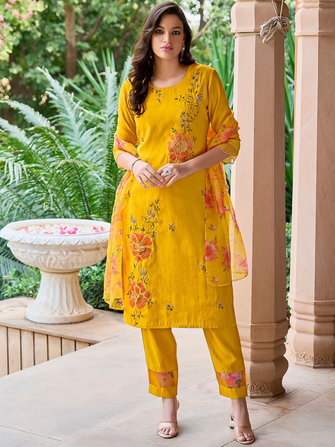 

Indo Era Floral Embroidered Sequinned Straight Kurta With Trousers & Dupatta, Mustard