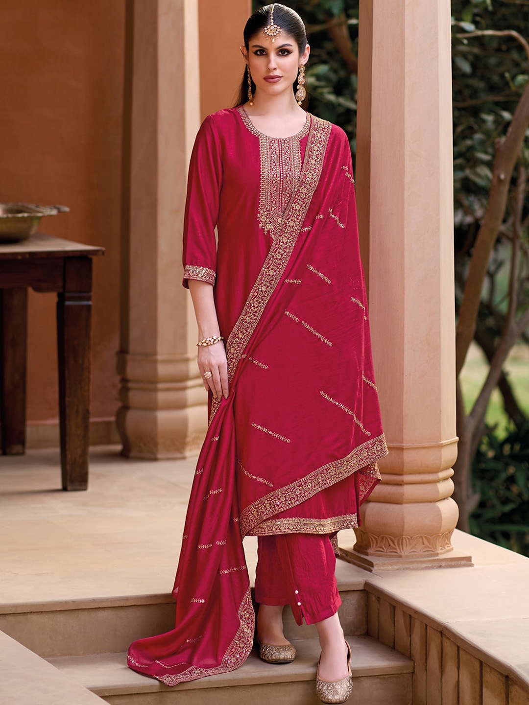 

Indo Era Ethnic Motifs Embroidered Sequinned Straight Kurta With Trousers & Dupatta, Red