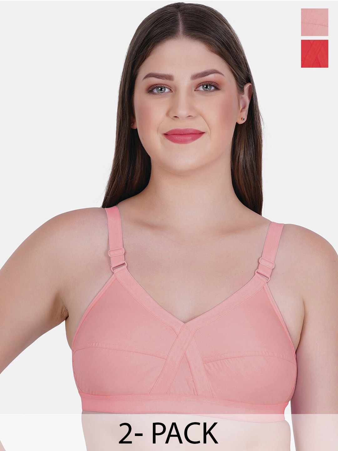 

Reveira Pack of 2 Full Coverage Non Padded Dry Fit Everyday Bras With All Day Comfort, Peach
