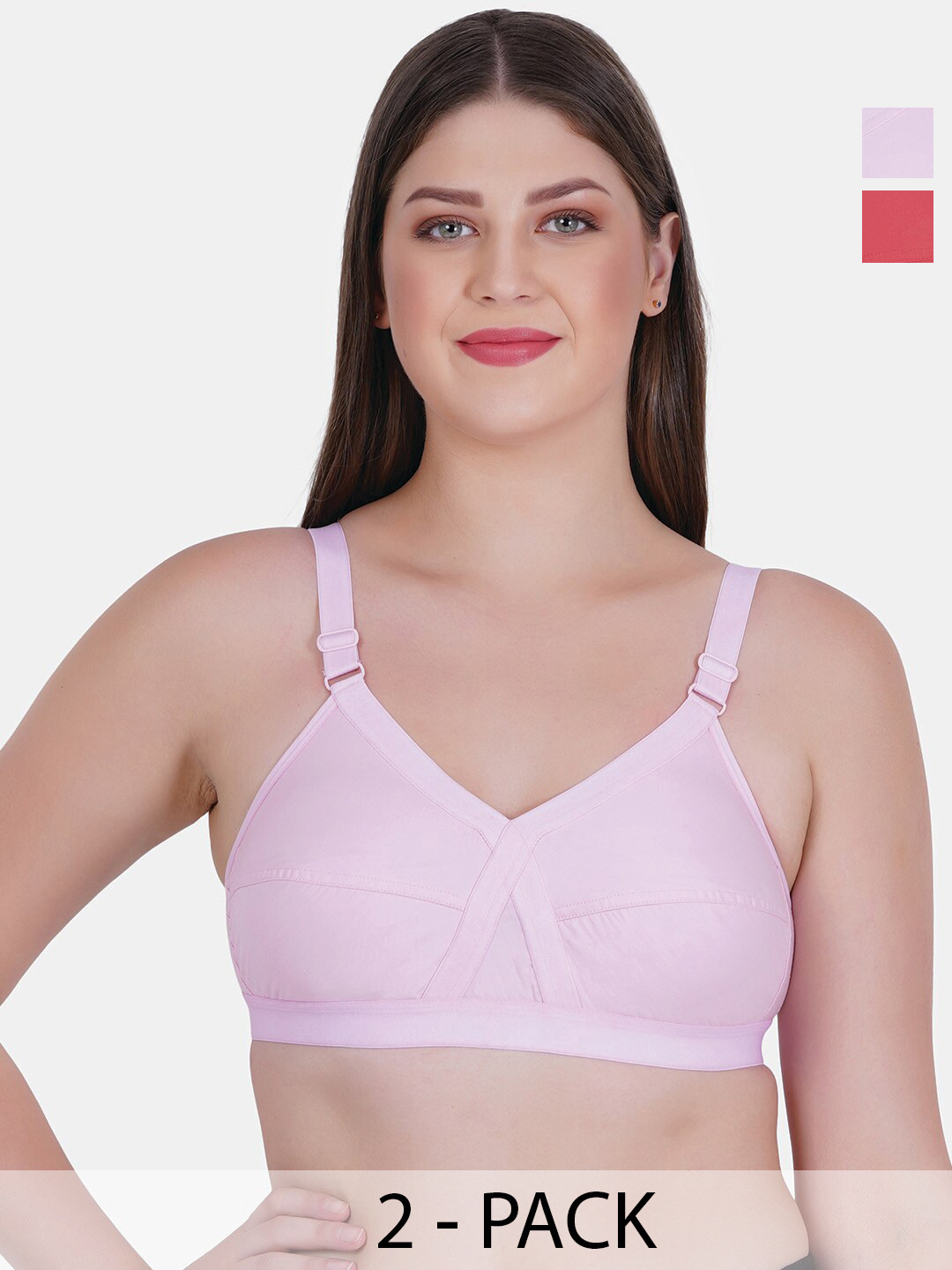 

Reveira Pack Of 2 Medium Coverage Non Padded Everyday Bra With All Day Comfort, Pink