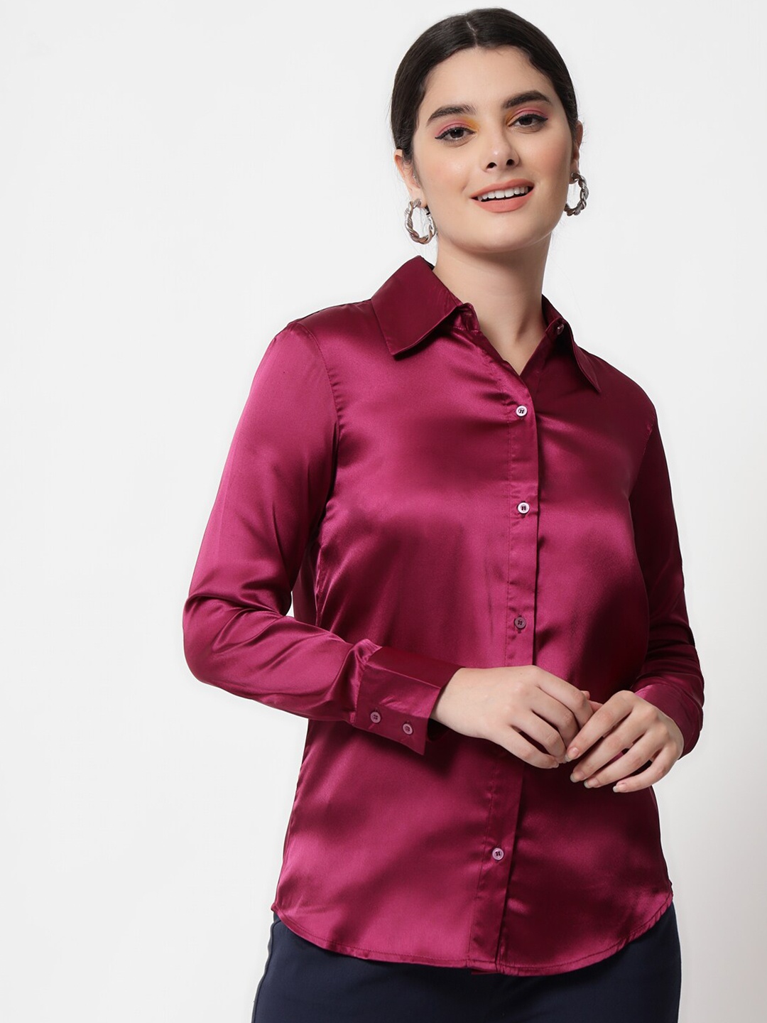 

Chemistry Spread Collar Casual Satin Shirt, Maroon