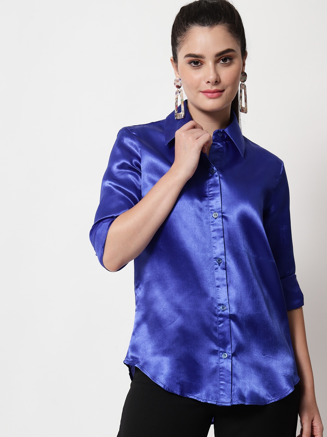 

Chemistry Spread Collar Satin Casual Shirt, Navy blue