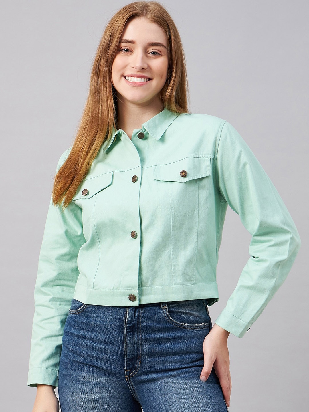 

Chemistry Spread Collar Long Sleeves Woven Denim Jacket, Green