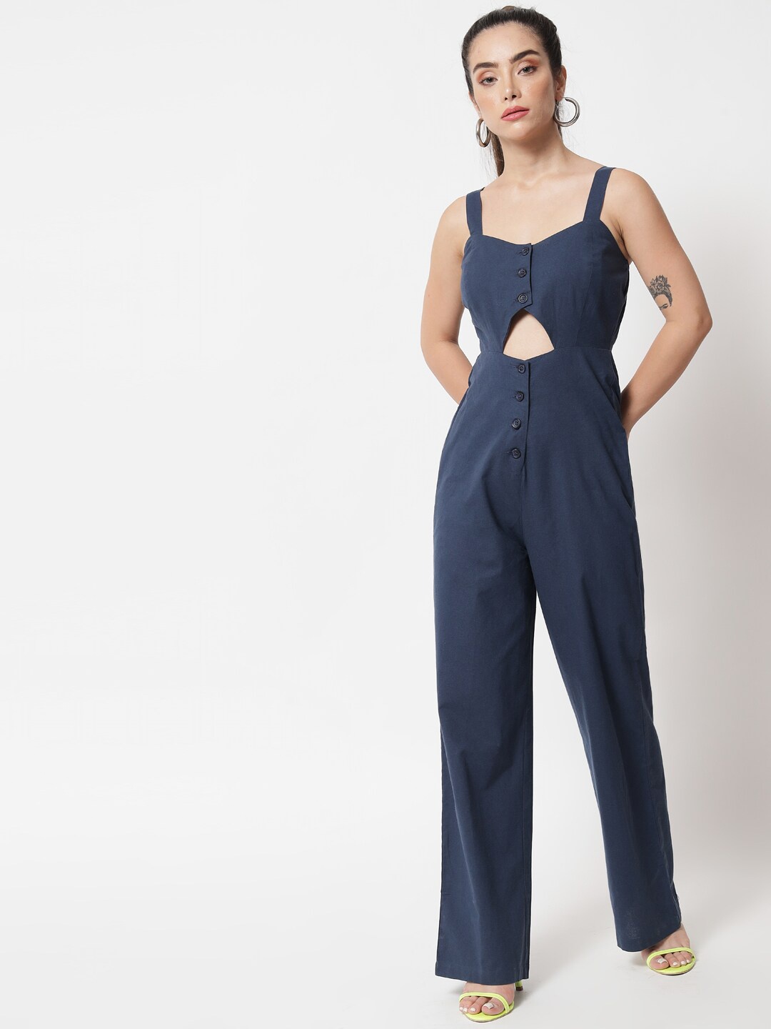 

Chemistry Shoulder Straps Cut-Outs Cotton Basic Jumpsuit, Blue