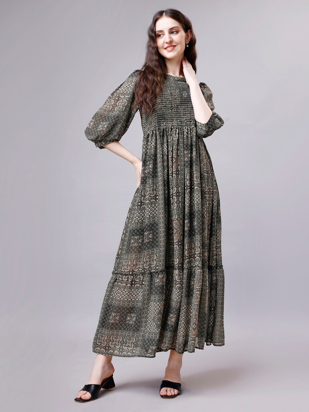 

HOUSE OF MIRA Floral Printed Georgette Fit & Flare Maxi Dress, Grey