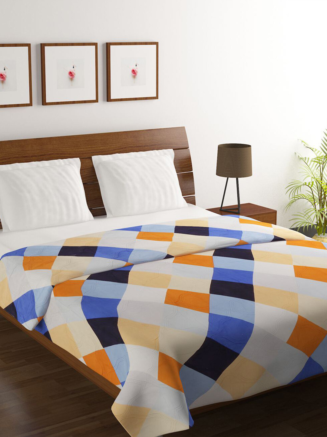 

BELLA TRUE Blue & Orange Checked Microfiber AC Room 380 GSM Double Bed Comforter