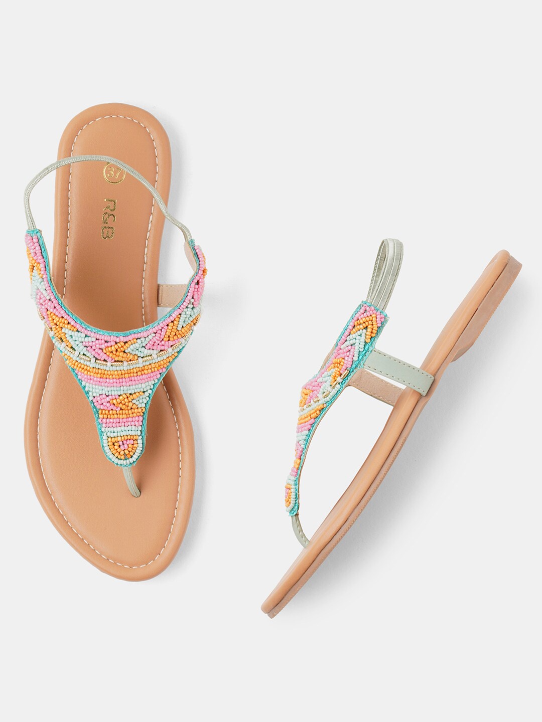 

R&B Embellished T-Strap Flats With Backstrap, Blue