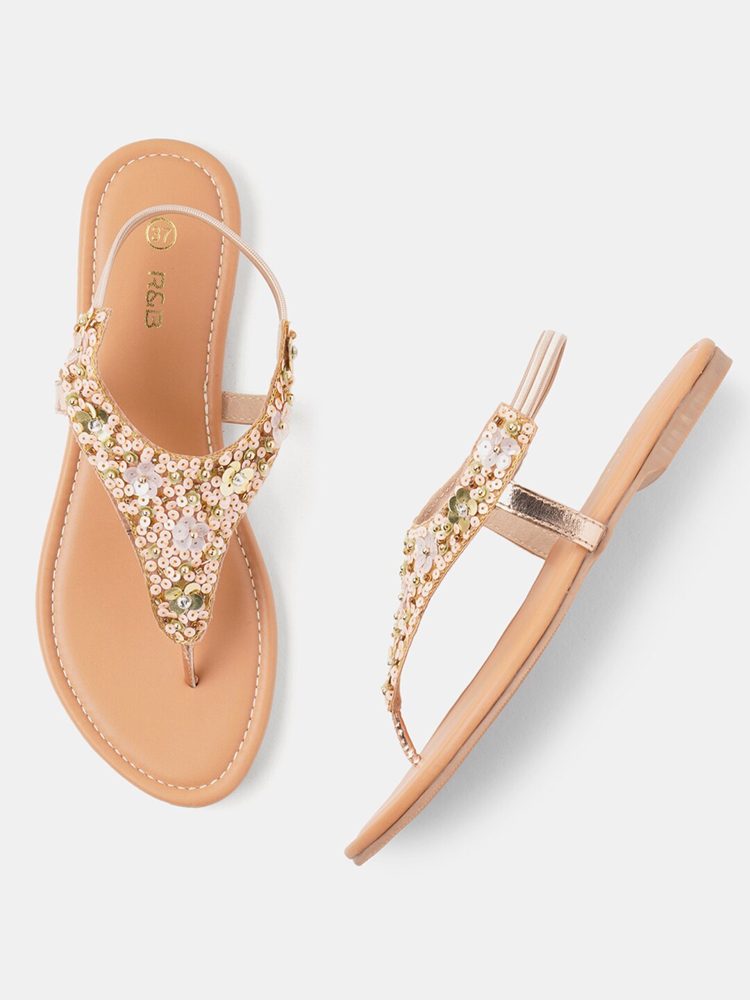 

R&B Sequinned Embellished T-Strap Flats With Backstrap, Rose gold