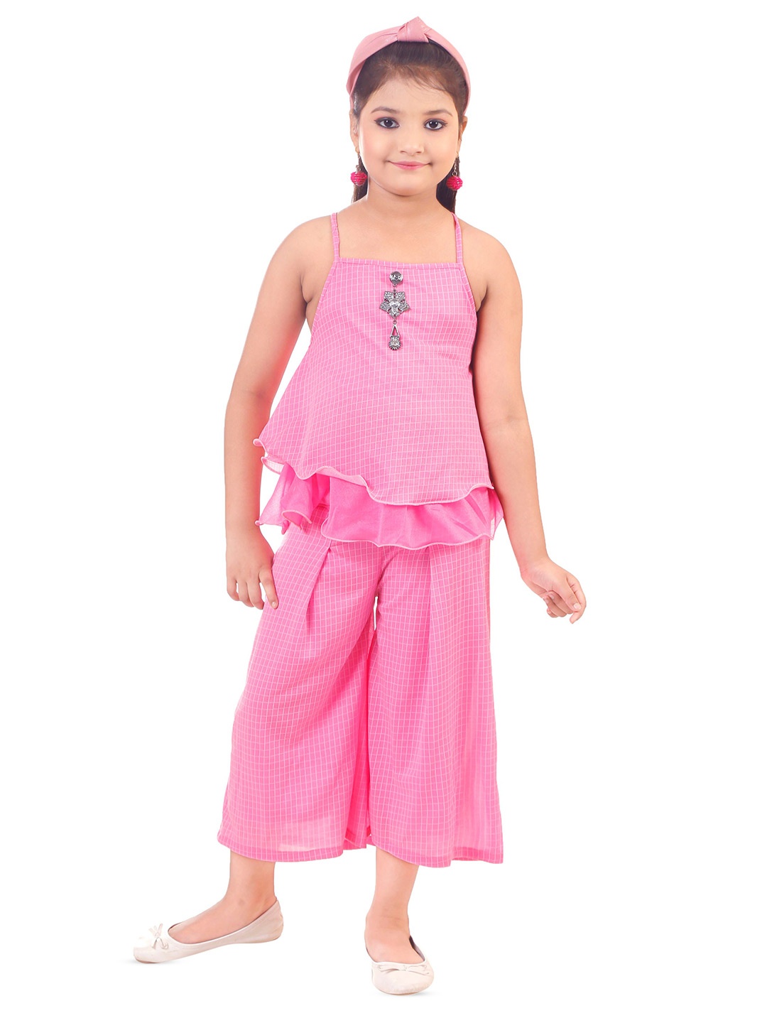 

BAESD Girls Checked Shoulder Strapped Top with Palazzos, Pink